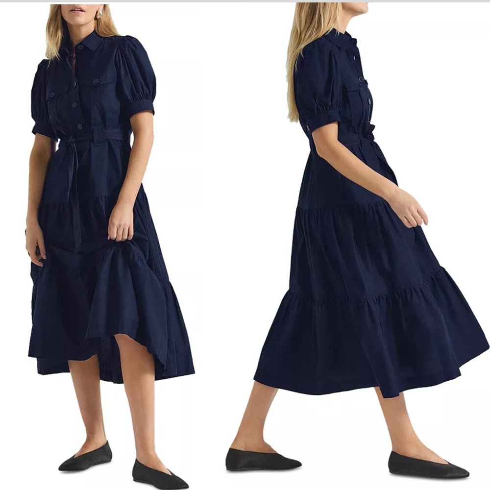 Derek Lam 10 Crosby Buffy Tiered Midi Shirtdress Navy Blue Sz 16 Utility Classic
